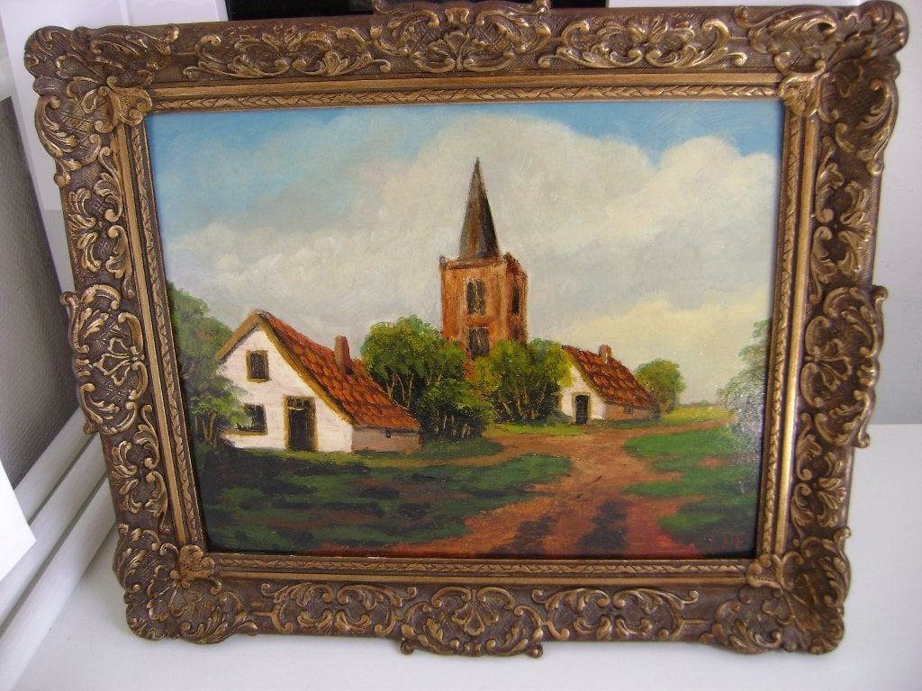 Schilderij kerk en 2 boerderijen, Ophalen, Landschap, Paneel