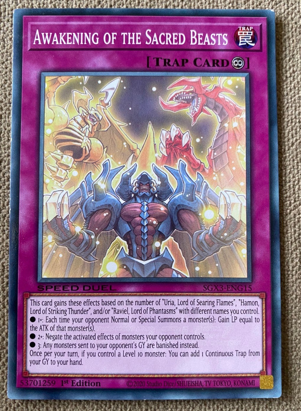 Yu-Gi-Oh! Awakening of the Sacred Beasts SGX3 1st !, Ophalen of Verzenden, Zo goed als nieuw, Losse kaart