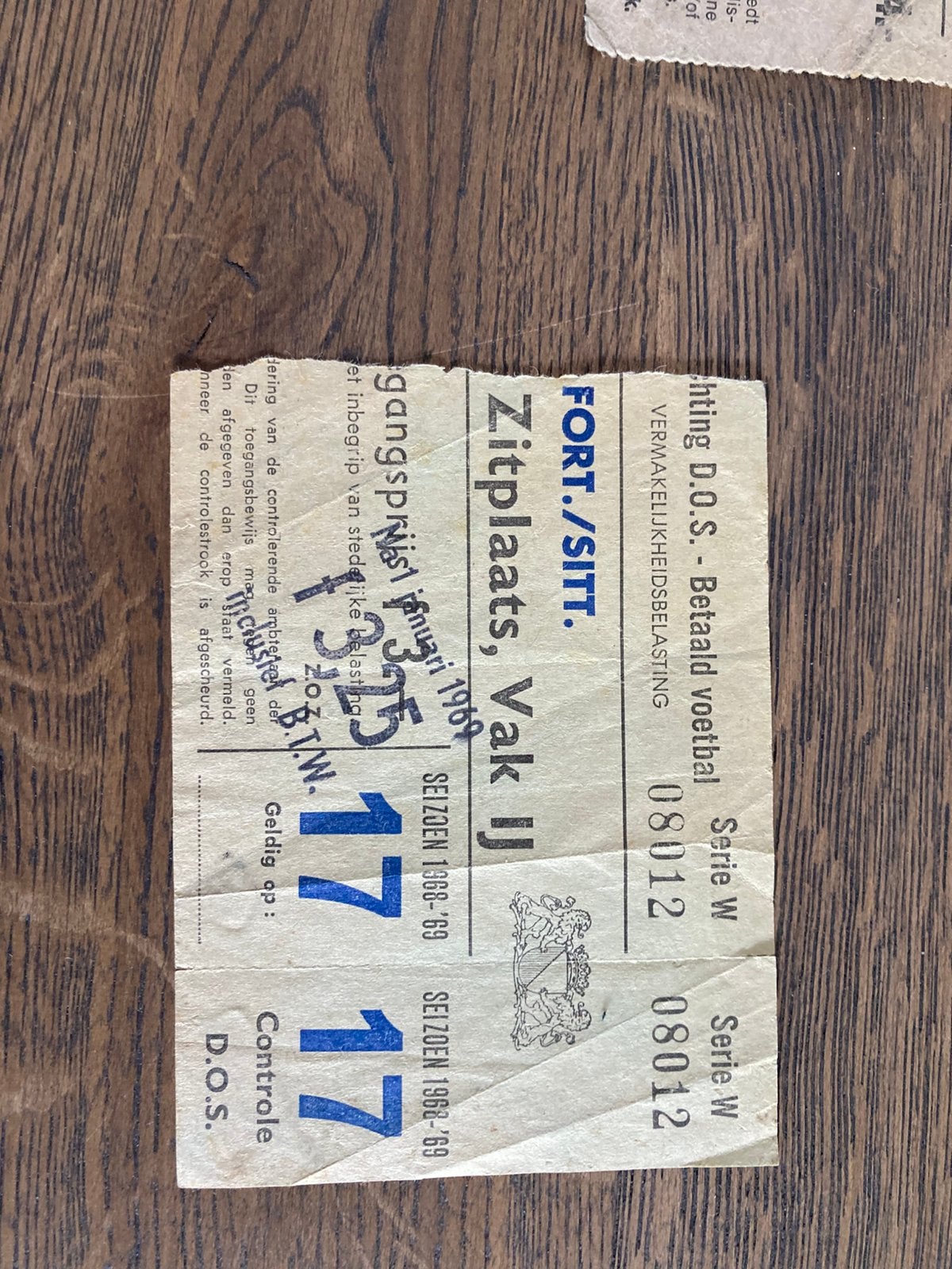 OUD TICKET DOS JANUARI 1969, Ophalen of Verzenden, Gebruikt, F.C. Utrecht, Overige typen
