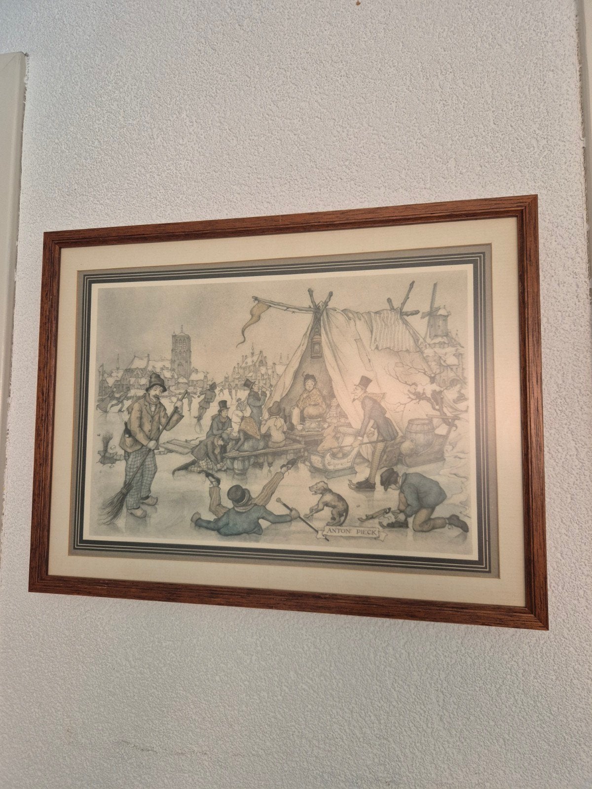Anton Pieck Prent - Wintertafereel met schaatsers, Antiek en Kunst, Ophalen of Verzenden, Prent, Ingelijst