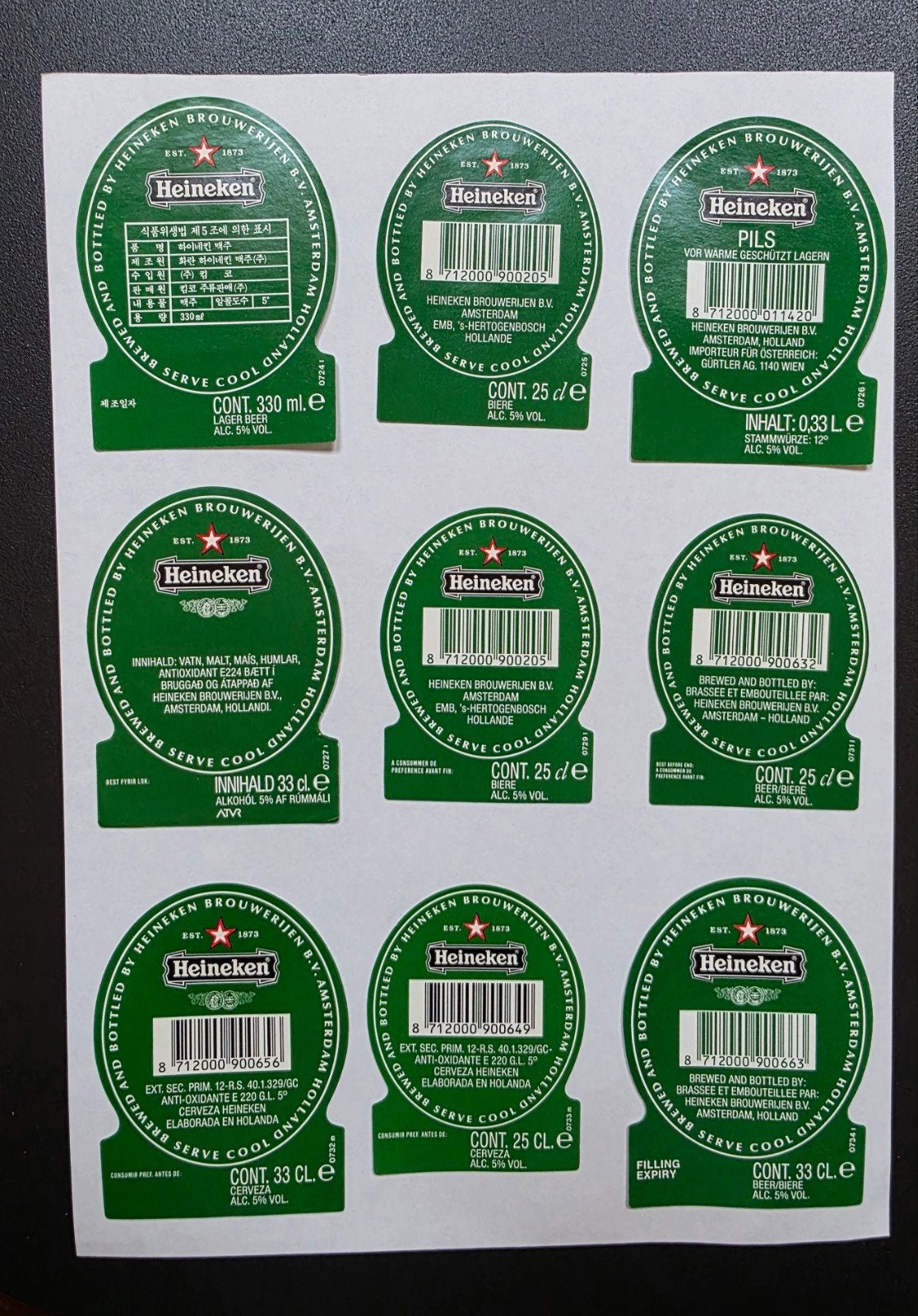 131) 9 RUGETIKETTEN HEINEKEN BIER, Verzamelen, Biermerken, Verzenden, Zo goed als nieuw, Overige typen, Heineken