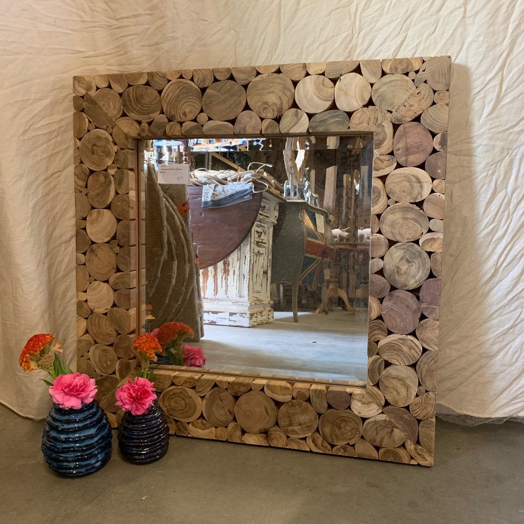 houten spiegel met teak lijst - 70 x 70 cm - Gratis bezorgd, Huis en Inrichting, Woonaccessoires | Spiegels, TTM Wonen, Meubels – (Perzische) Tapijten en Woonaccessoires