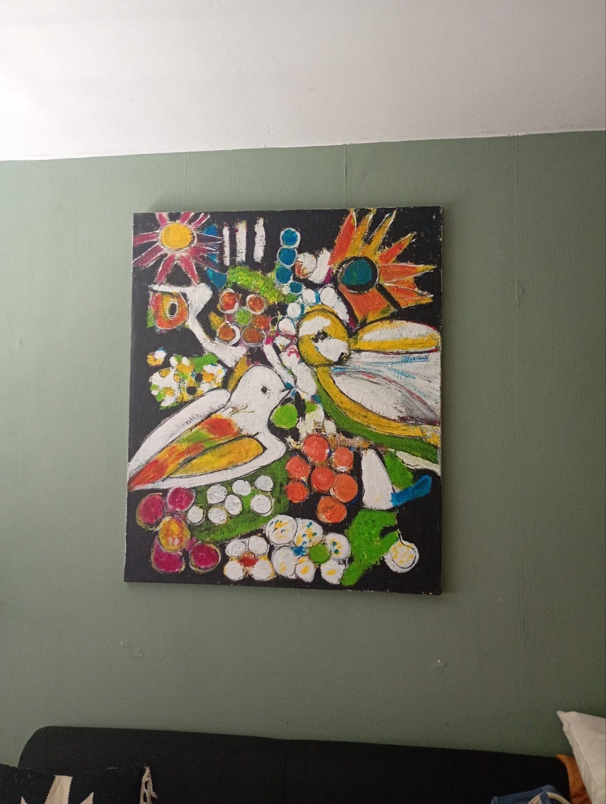 Abstracte kunst: Kleurrijk schilderij met vogels en bloemen, Ophalen