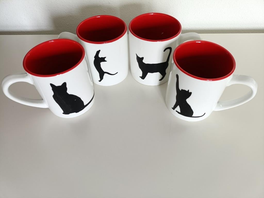 4 Nieuwe Mokken met Kattenprint in doos - Wit/Rood, Ophalen of Verzenden