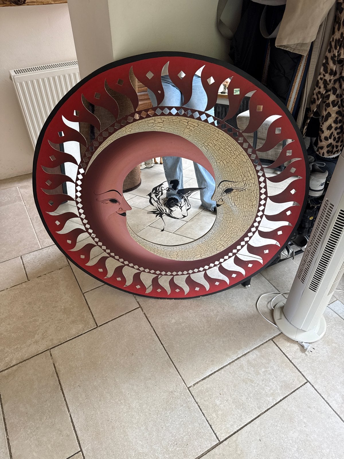 Decoratieve spiegel met zon en maan design, Huis en Inrichting, Woonaccessoires | Spiegels, Ophalen, Gebruikt, Rond, 75 tot 100 cm