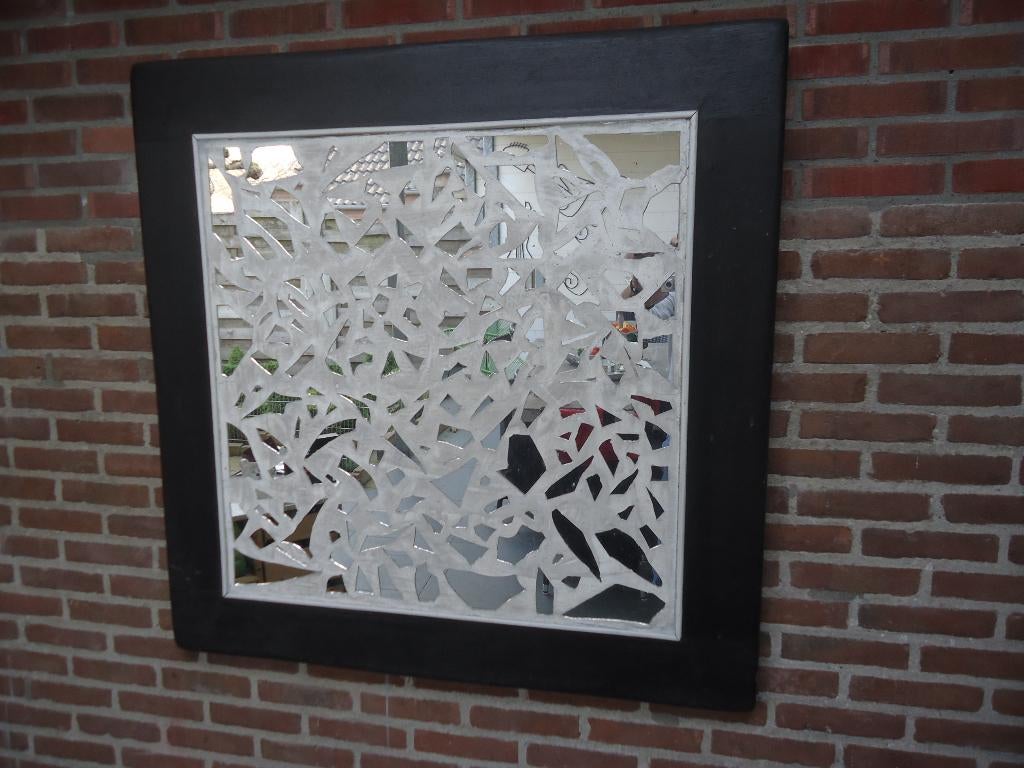 Grote SPIEGEL - Vierkant - handmade - Eiken - Mozaïek- Uniek, Ophalen, Vierkant, 100 tot 150 cm, 100 tot 150 cm