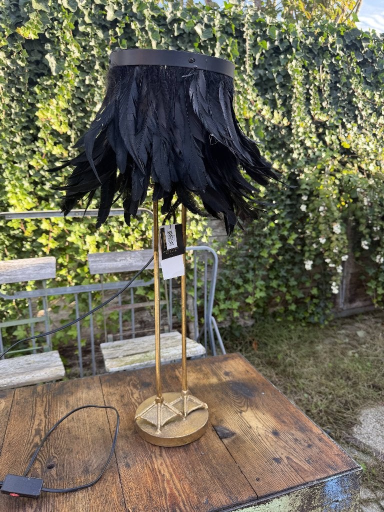 Flamingopoot lamp met zwarte verenkap PTMD, Goud, 72 cm, Metaal, Sfeerlamp