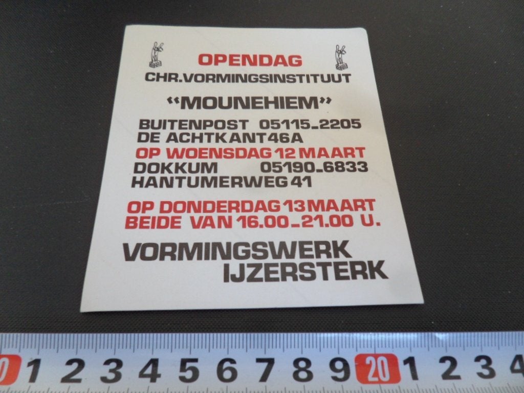 sticker Opendag Chr. Vormingsinstituut MOUNEHEIM, Ophalen, Zo goed als nieuw