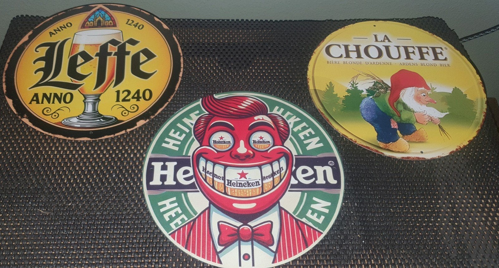 3 metalen wandborden - Heineken, La Chouffe, Leffe, Ophalen of Verzenden, Gebruikt