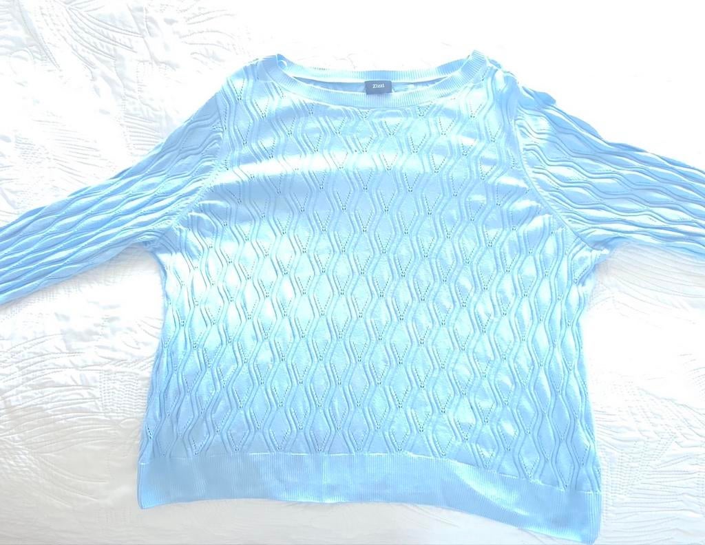 Zizzi L=50,  lichtblauwe katoen voorjaarstrui lange mouw., Ophalen of Verzenden, Zo goed als nieuw, Blauw, Trui of Vest