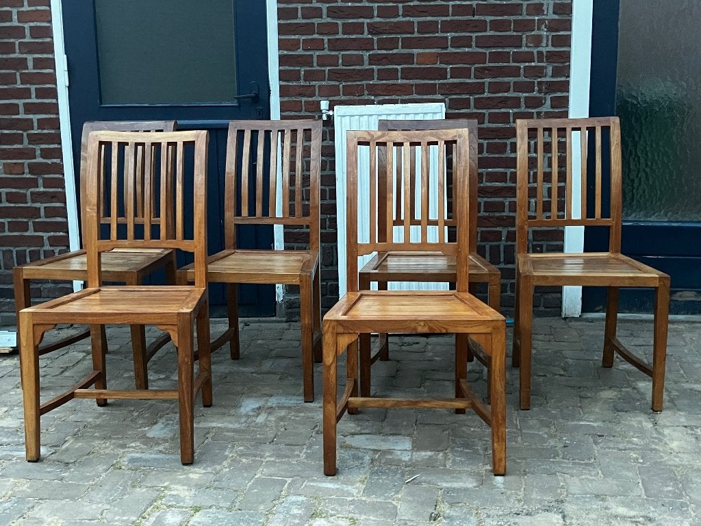 6 Teak houten stoelen, Huis en Inrichting, Stoelen, Ophalen, Gebruikt, Bruin, Vijf, Zes of meer stoelen