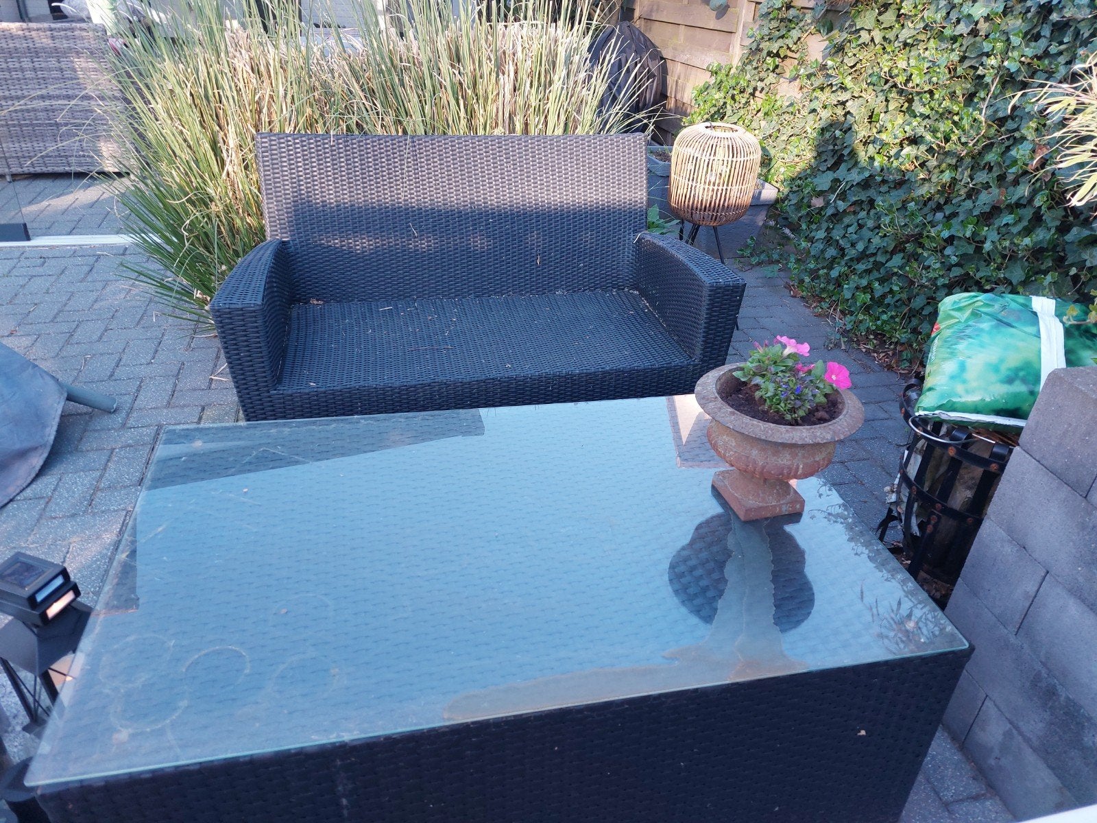 Comfortabele loungeset met glazen tafel, Tuin en Terras, Gebruikt, Bank, Loungeset, Wicker