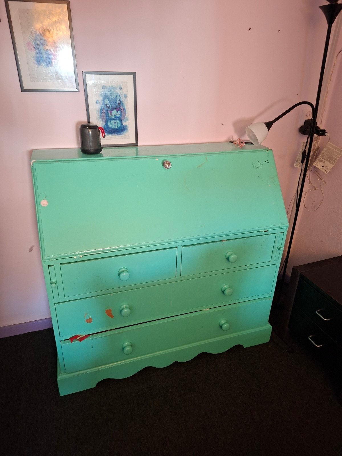 Vintage secretaire in mintgroen met lades, Huis en Inrichting, Kasten | Secretaires, Ophalen, Gebruikt, Vintage, Retro