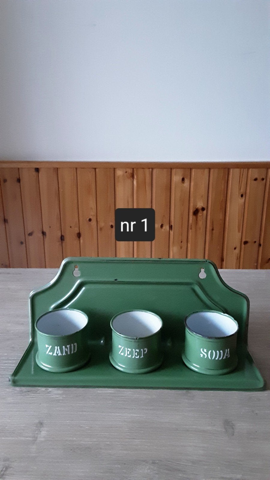 EMAILLE RESEDA GROEN ZAND ZEEP EN SODA MET REKJE VAN BK., Ophalen of Verzenden