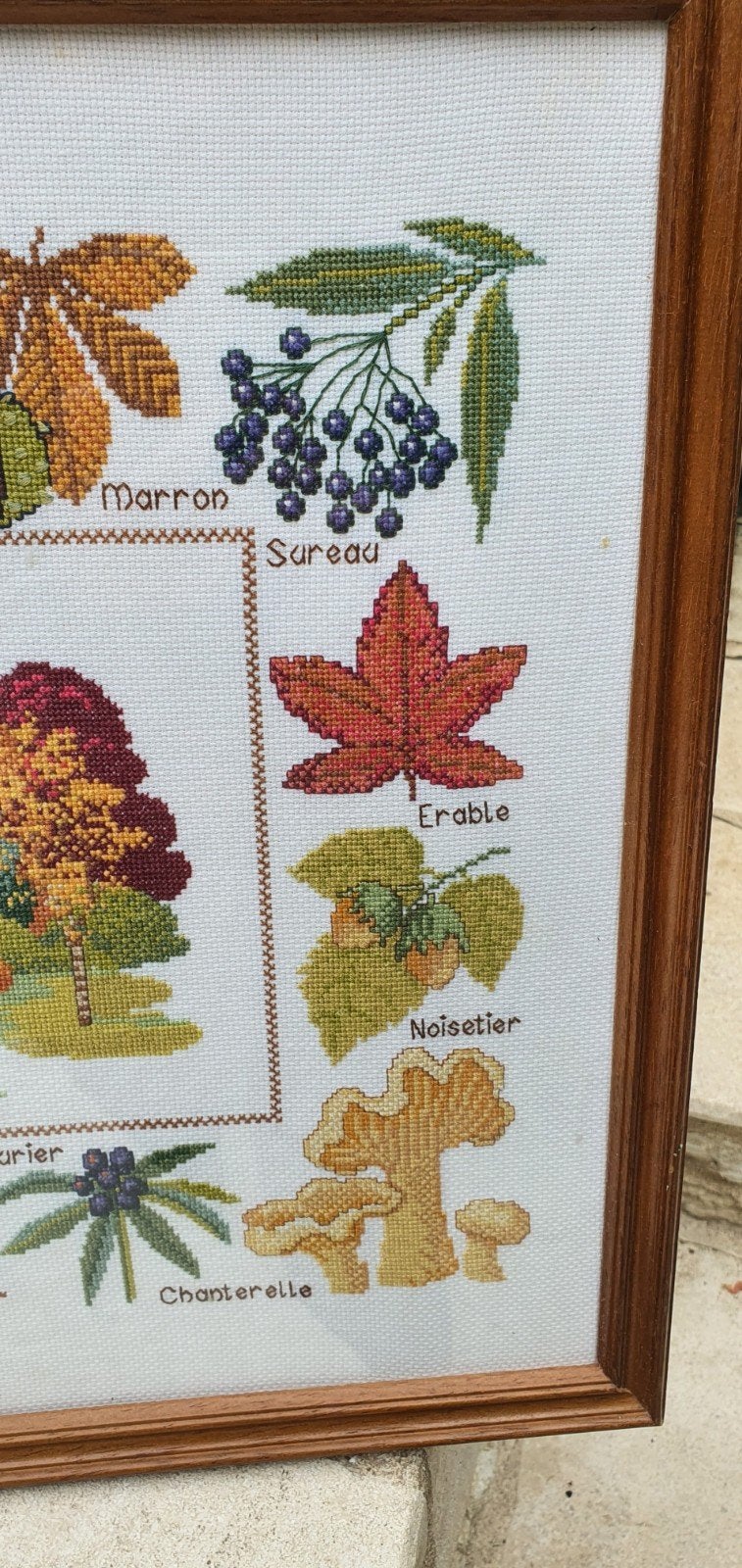brocante ingelijst schilderij met borduurwerk kruiden, Ophalen of Verzenden, Overige typen