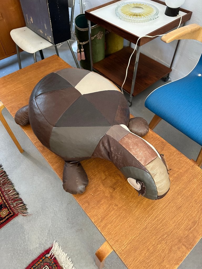 Vintage design voetenbank, poef schildpad, patchwork leer, Minder dan 50 cm, Gebruikt, -, -