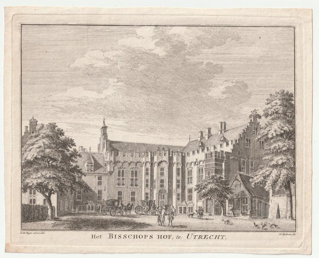 Gravure Het Bisschops Hof te Utrecht de Beijer Spilman 1750, Verzenden, Architectuur, Gravure, Blanco verso