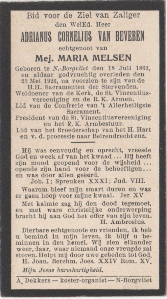 Adrianus C. van Beveren 1862 N-Borgvliet + 1926 aldaar, 63 j, Ophalen of Verzenden
