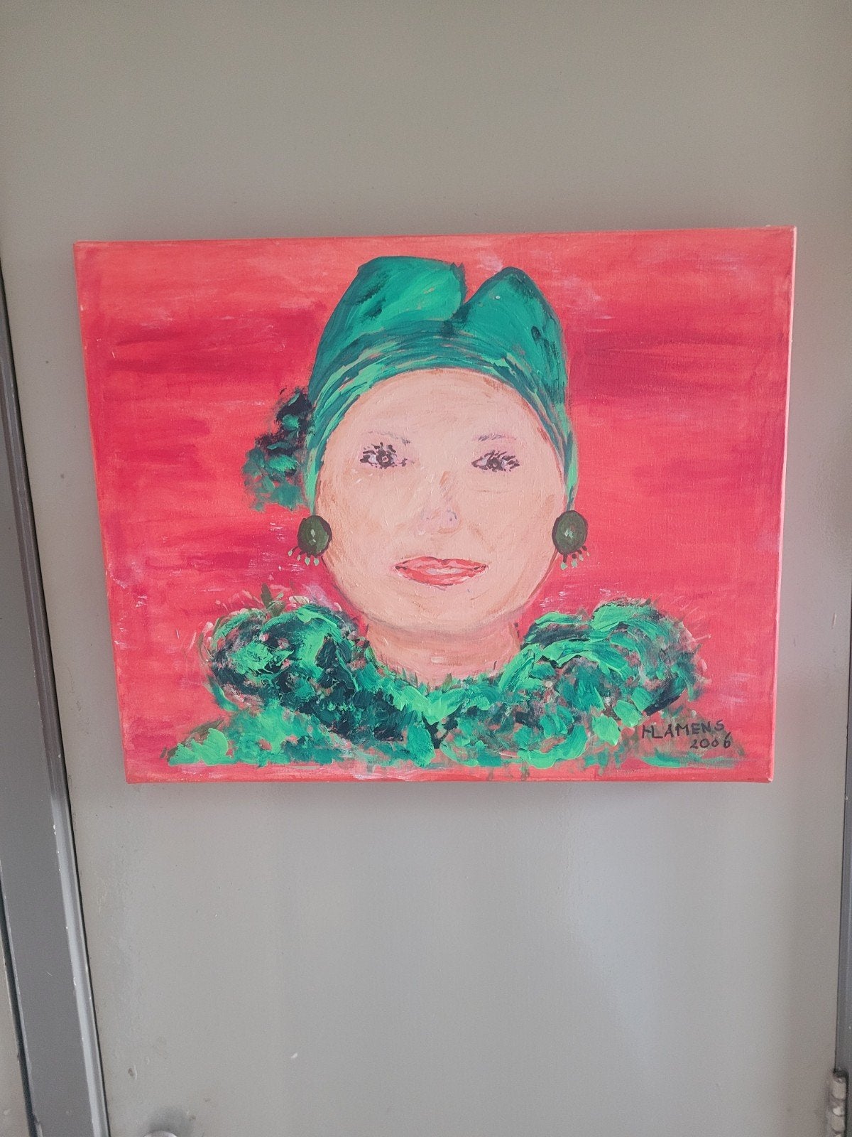 Vrolijk portret van een vrouw met groene hoofddoek, Antiek en Kunst, Ophalen, Acrylverf, Gesigneerd, Portret