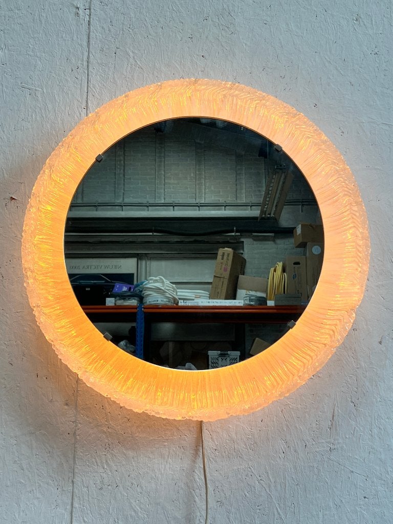 Vintage ronde Hillebrand Iceglass spiegel met verlichting, Gebruikt, Ophalen of Verzenden, Minder dan 100 cm, 50 tot 75 cm