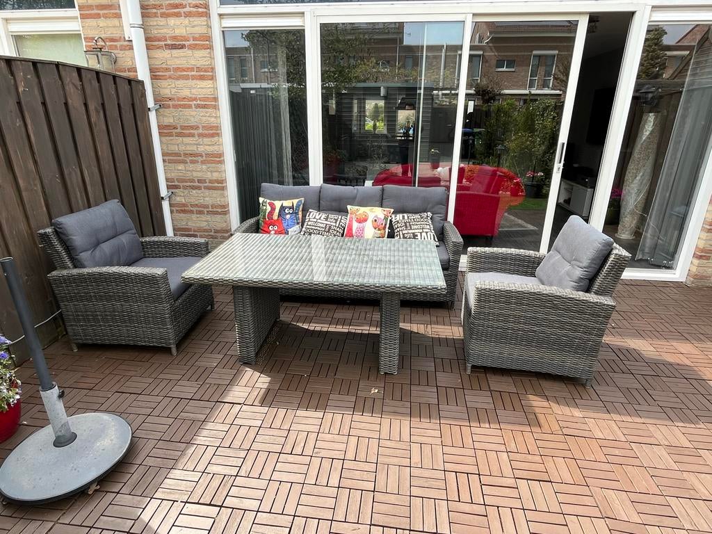 Tuin loungeset met tafel 5-zits rotan Lichtgrijs, Ophalen, 5 zitplaatsen, Gebruikt, Rotan