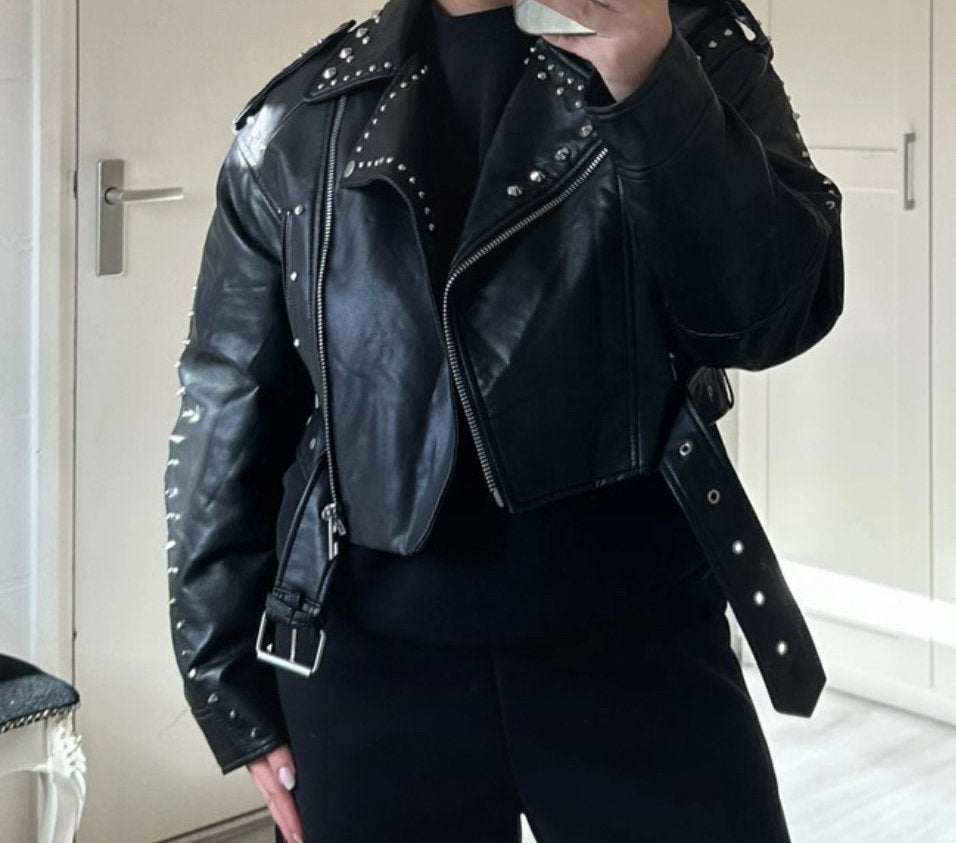 Zara oversized leren jacket met riem en studs, Ophalen of Verzenden, Zo goed als nieuw, Maat 34 (XS) of kleiner, Zwart