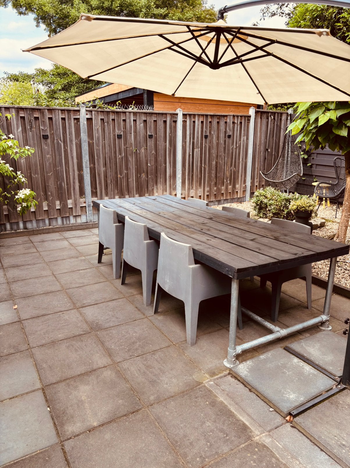 Tuintafel 300cm met 8 stoelen, Tuin en Terras, Tuintafels, Ophalen, Gebruikt, Rechthoekig, Hout