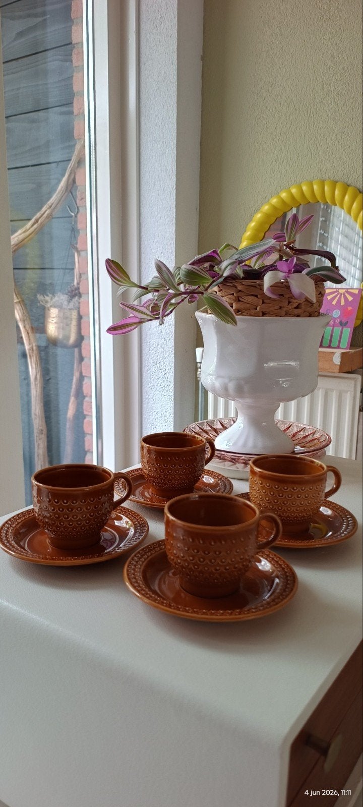 Pagnossin theekopjes/koffiekopjes met schotel (4 stuks), Ophalen of Verzenden, Gebruikt, Aardewerk, Kop(pen) en/of Schotel(s)
