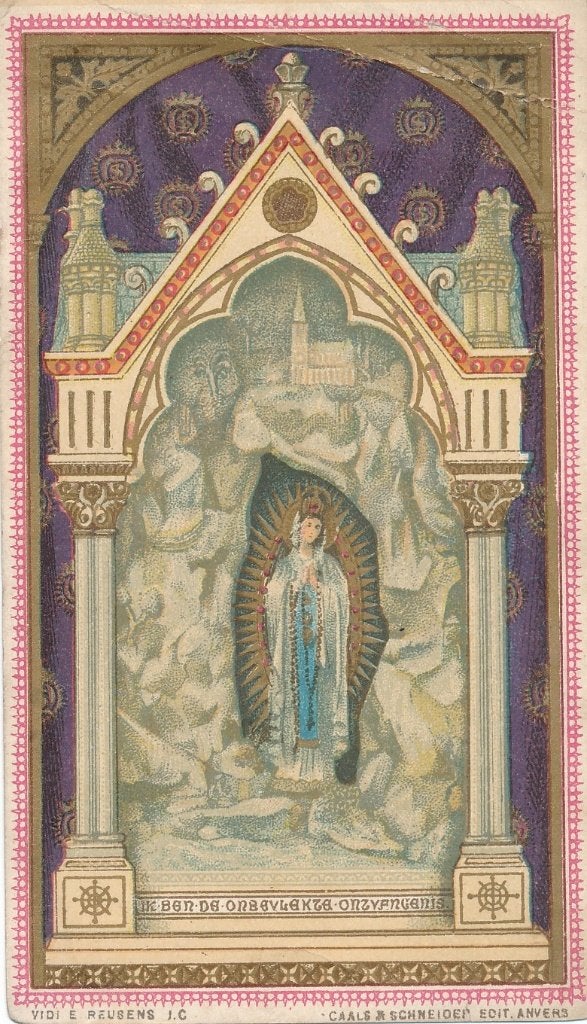 Mooie oude prent van O. L. Vrouw van Lourdes met gebed, Ophalen of Verzenden, Zo goed als nieuw, Kaart of Prent, Christendom | Katholiek