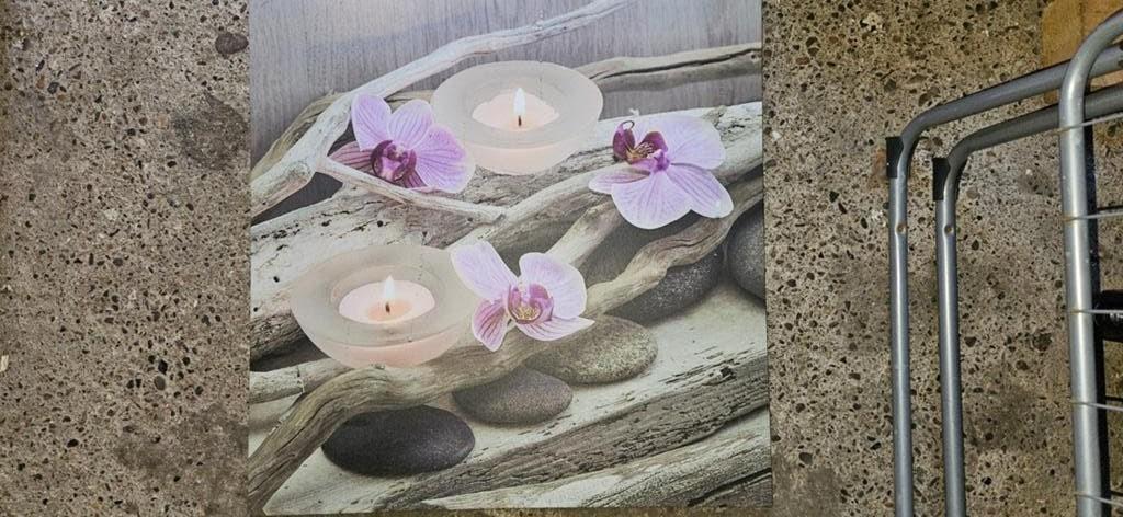 Canvas schilderij met orchideeën en kaarsen, Huis en Inrichting, Woonaccessoires | Schilderijen, Tekeningen en Foto's, Gebruikt
