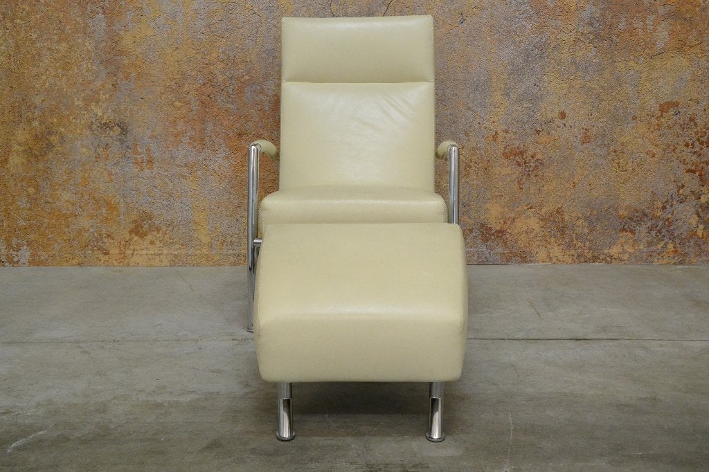 ZGAN gebr witte leren Leolux Helical design fauteuil + poef, Leolux, Leolux, 75 tot 100 cm, Ophalen of Verzenden