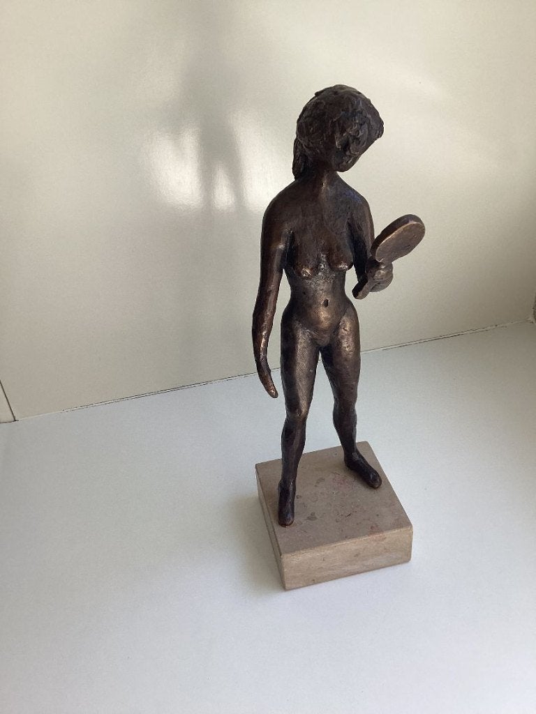 bronzen beeld naakte vrouw met spiegel, Ophalen of Verzenden, Zo goed als nieuw, Mens