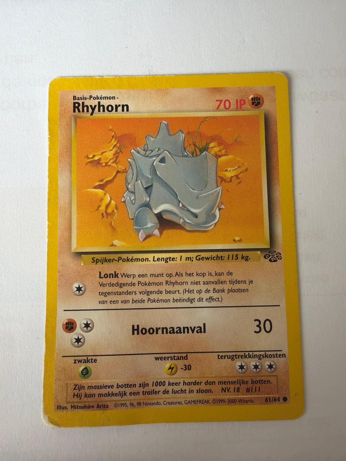 Pokémon Kaart Rhyhorn 61/64 Jungle Set (Basis-Pokémon), Hobby en Vrije tijd, Verzamelkaartspellen | Pokémon, Gebruikt, Losse kaart