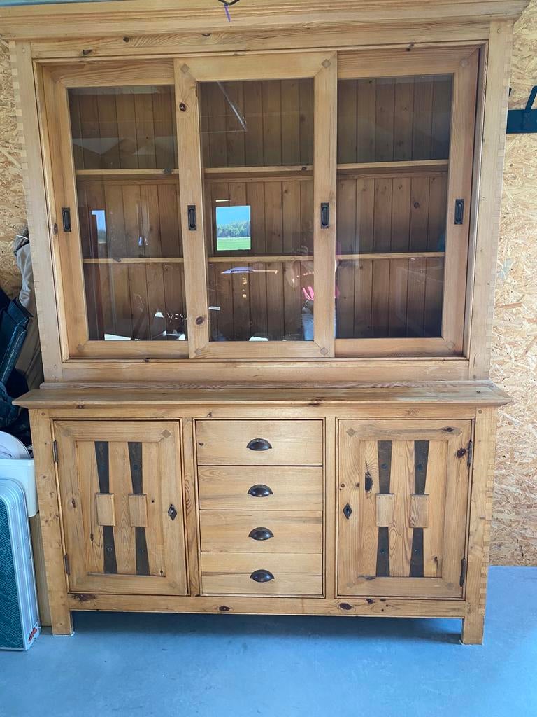 Grenen vitrine buffetkast, Ophalen, Gebruikt, 200 cm of meer, 150 tot 200 cm
