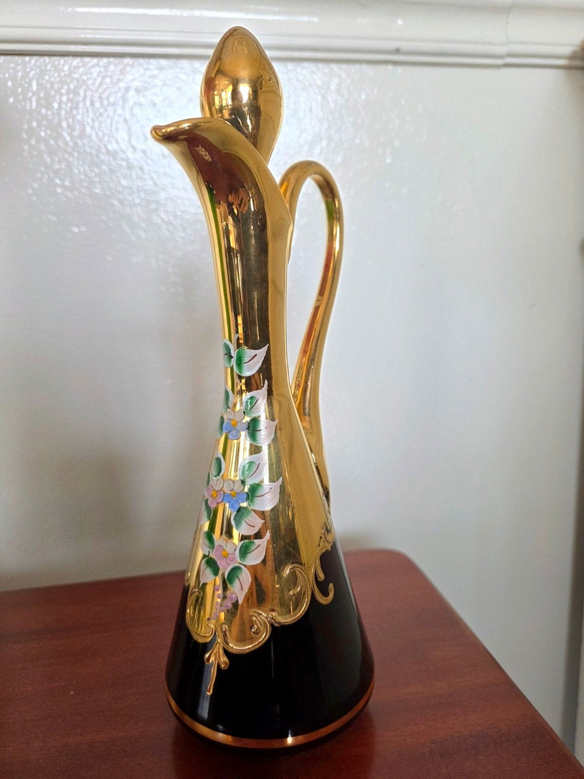Prachtige Vintage Murano Karaf – Diep Aubergine & bladgoud, Ophalen