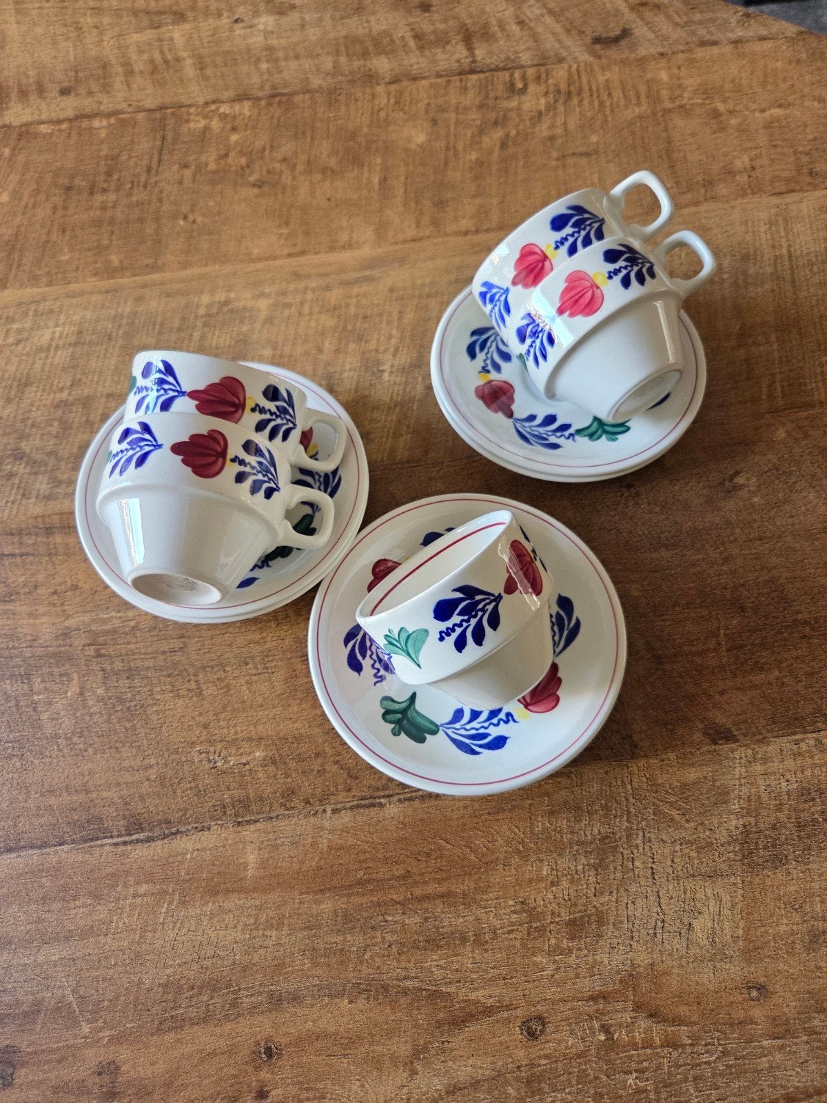 Set van 5 vintage Delfts blauw-achtige kop en schotels, Ophalen of Verzenden