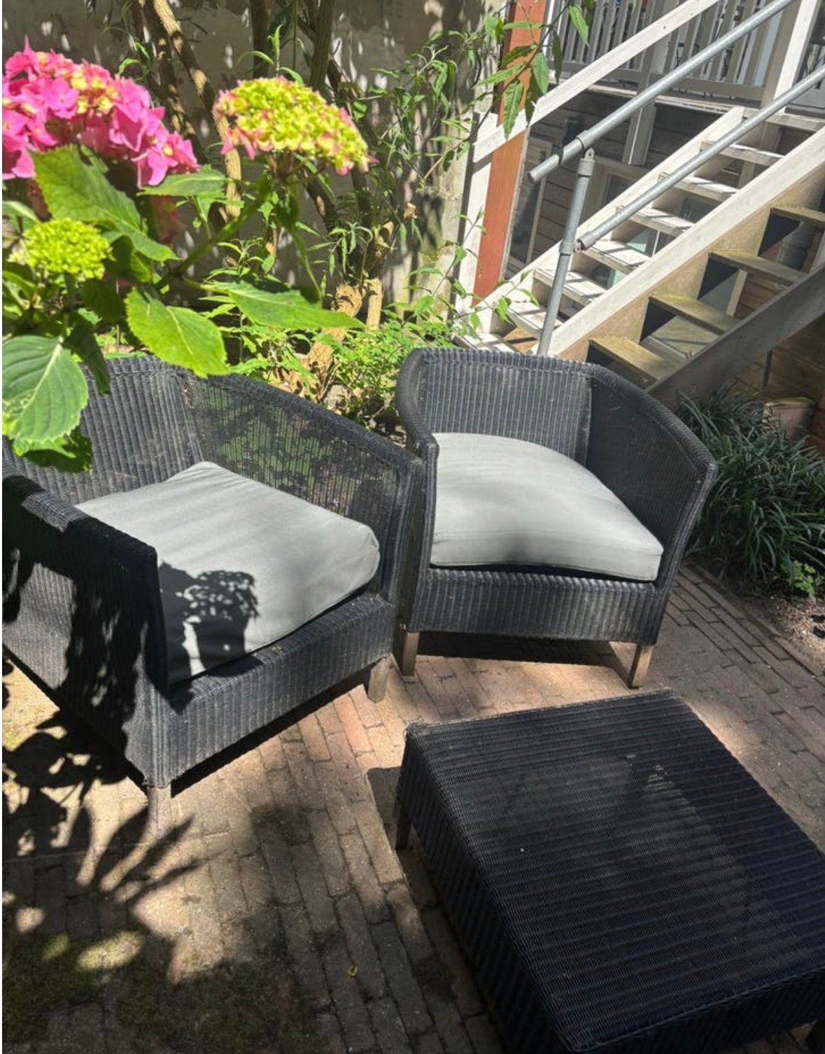 Tuinset rotan kunststof, zwarte antraciet set twee stoelen, Kunststof, Zo goed als nieuw, Ophalen, 2 zitplaatsen