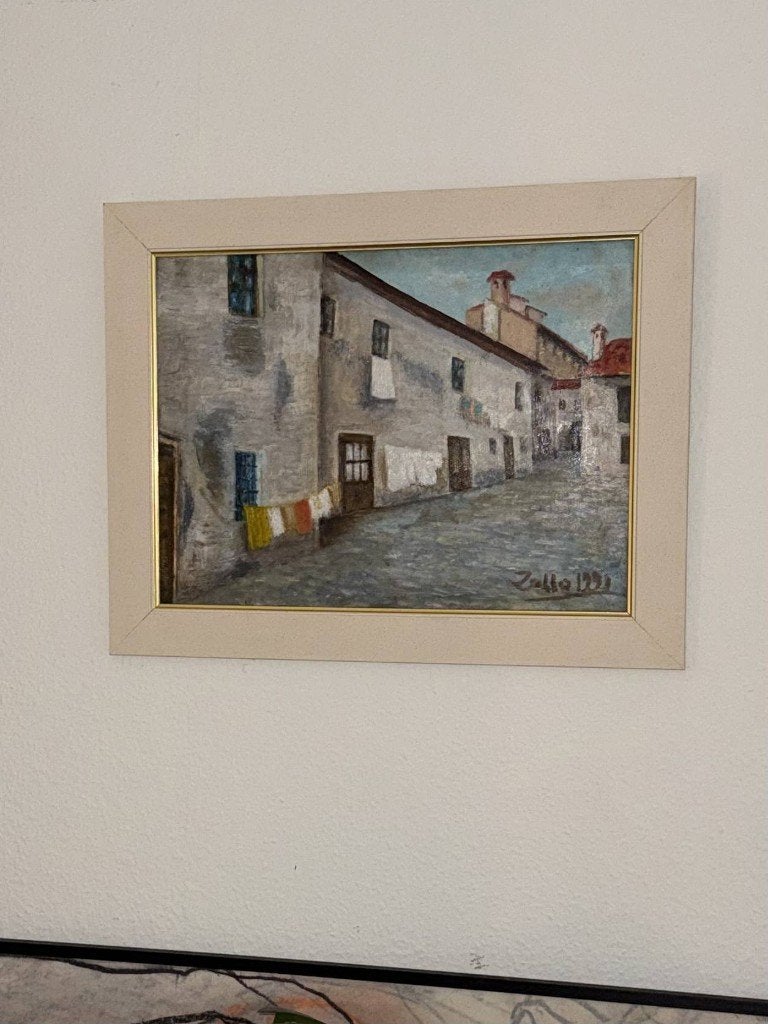 Sfeervol vintage olieverfschilderij van een oud straatje, Antiek en Kunst, Kunst | Schilderijen | Klassiek, Overige ondergronden