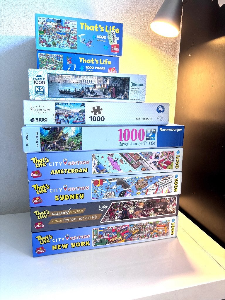 9 puzzels in nieuwstaat (1x gebruikt), Hobby en Vrije tijd, Ophalen of Verzenden, 500 t/m 1500 stukjes, Zo goed als nieuw, Legpuzzel