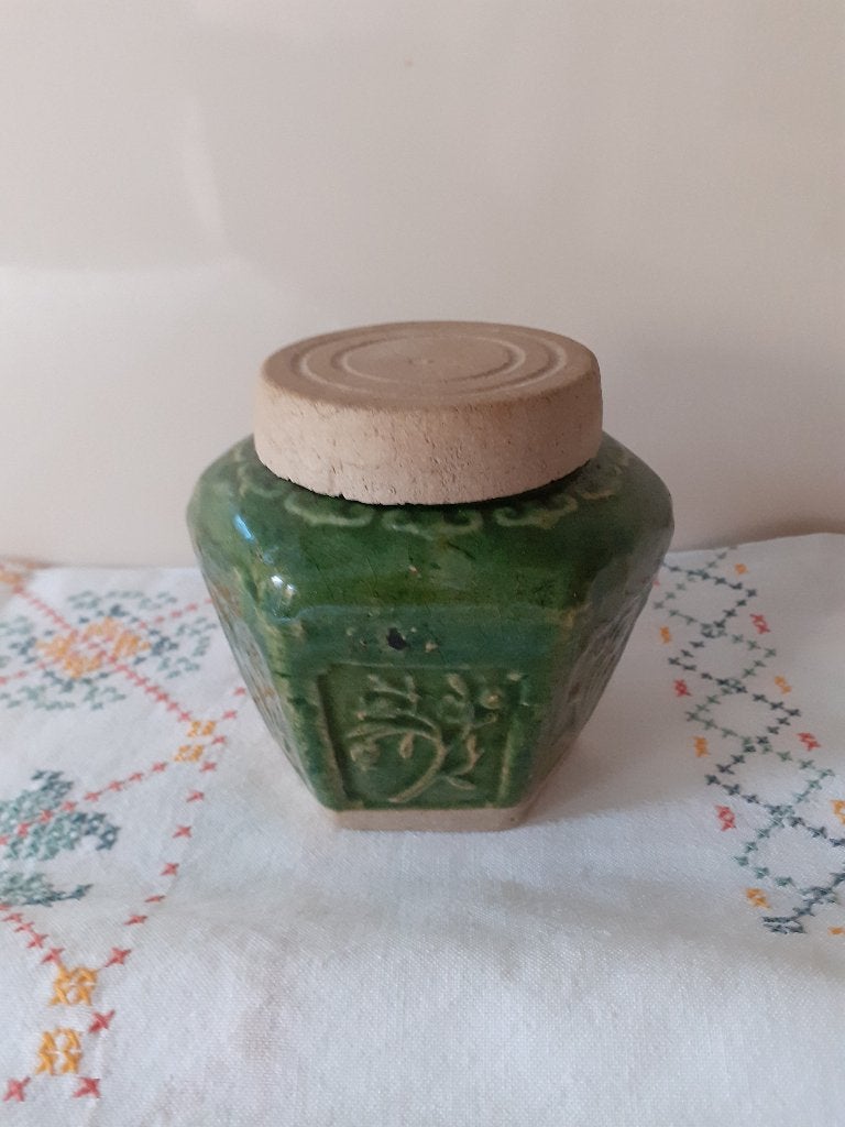 Antiek Groene gemberpot met deksel oud *eureka*, Ophalen of Verzenden