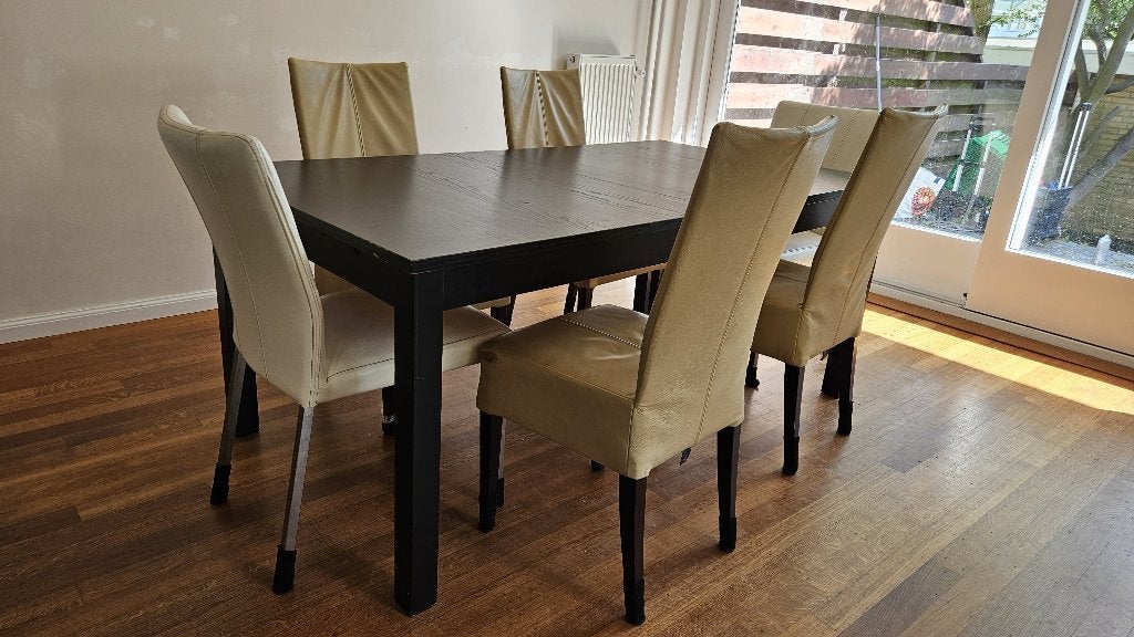 IKEA BJURSTA uitschuifbare eettafel + 6 stoelen, Ophalen, Gebruikt, 4 tot 6 stoelen
