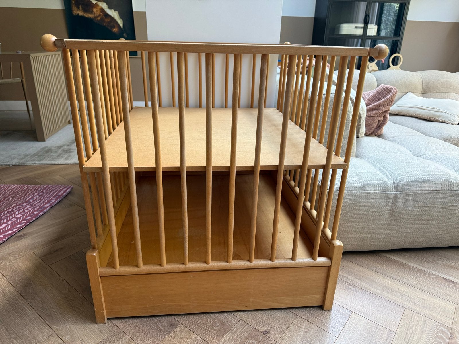 Houten baby box met lade en 2 hoogtes, Kinderen en Baby's, Boxen, Ophalen, Gebruikt, Rechthoekig, In hoogte verstelbaar