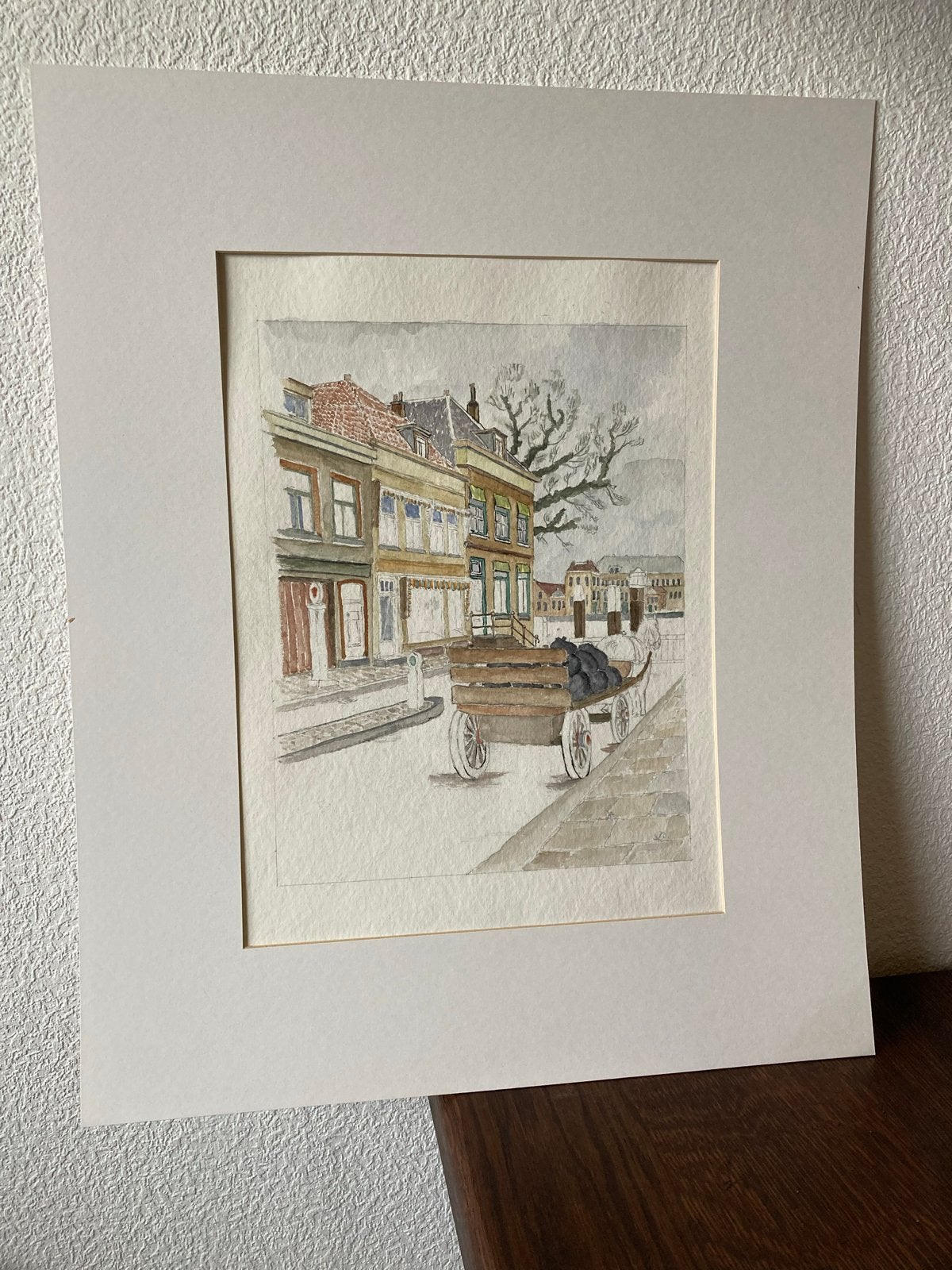 Aquarel Stadsgezicht: Kolenboer met Paard en Wagen aan Kade, Realistisch, Ophalen of Verzenden, Handgeschilderd, Aquarel