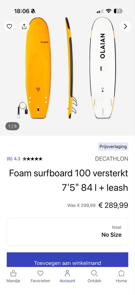 Olaian Foam Surfboard 100 Versterkt 7'5" - Zo goed als nieuw, Ophalen of Verzenden, Nieuw, Funboard, Met vinnen