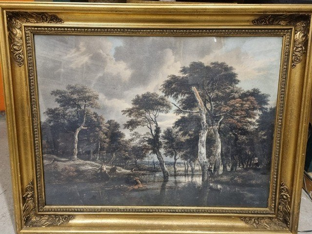 Sfeervol bos met hertejacht bos, Antiek en Kunst, Ophalen of Verzenden