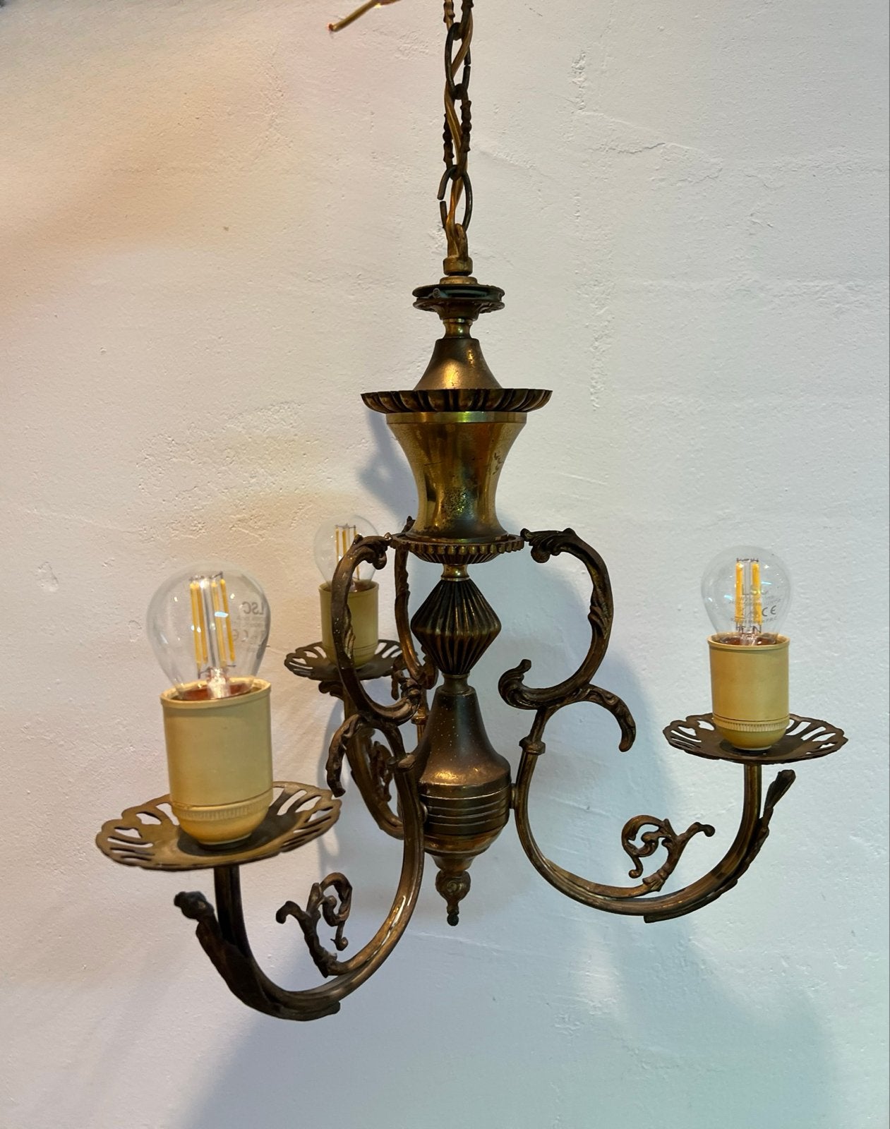 Vintage Messing Kroonluchter met 3 Lichten, Ophalen of Verzenden