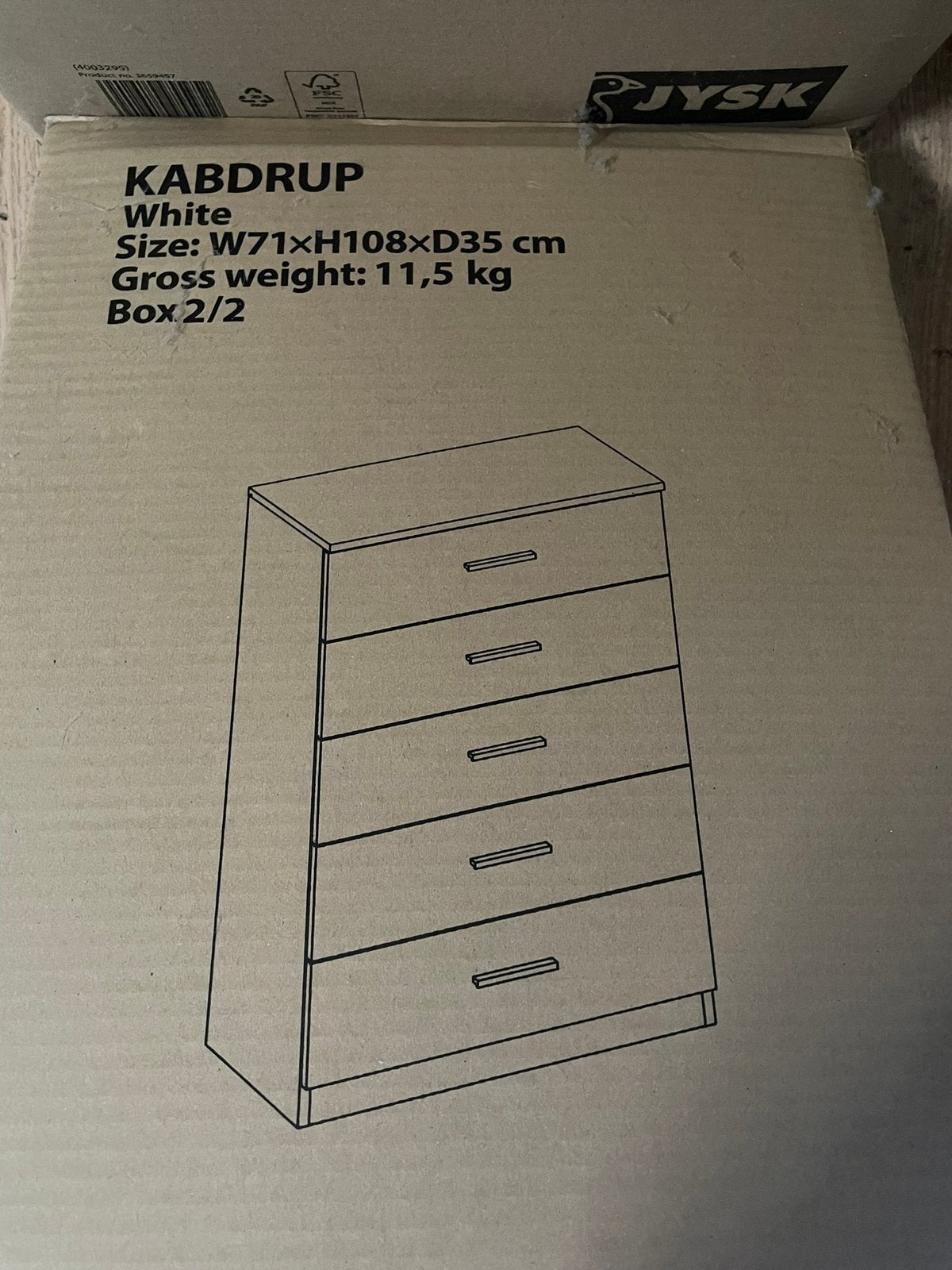 Witte ladekast Jysk Tapdrup heeft 5 lades laden 71 cm breed, Huis en Inrichting, Kasten | Ladekasten, Ophalen, Nieuw, 50 tot 100 cm
