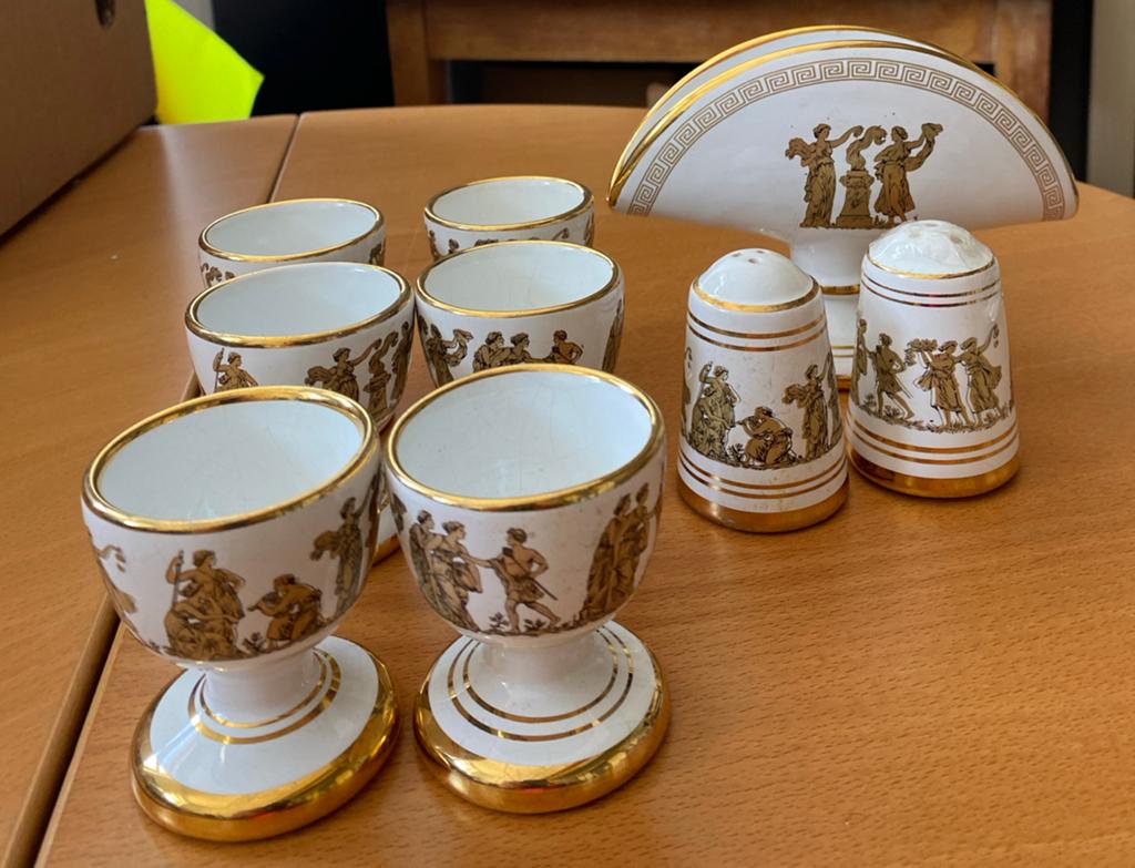 Vintage Grieks Eierdopjes Set met Zoutvaatjes en Servethoude, Ophalen of Verzenden