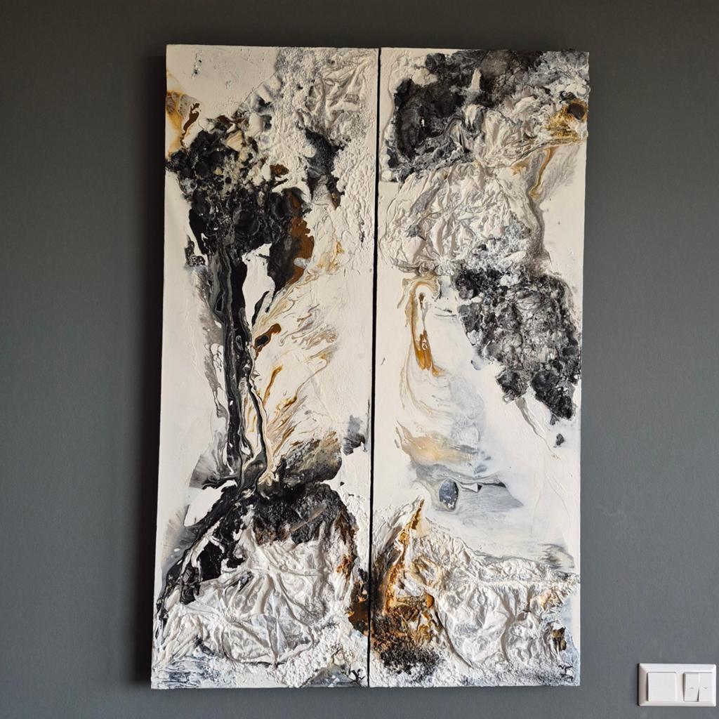Abstracte kunst met verdikkingen - Zwart, wit, goud, Antiek en Kunst, Ophalen of Verzenden