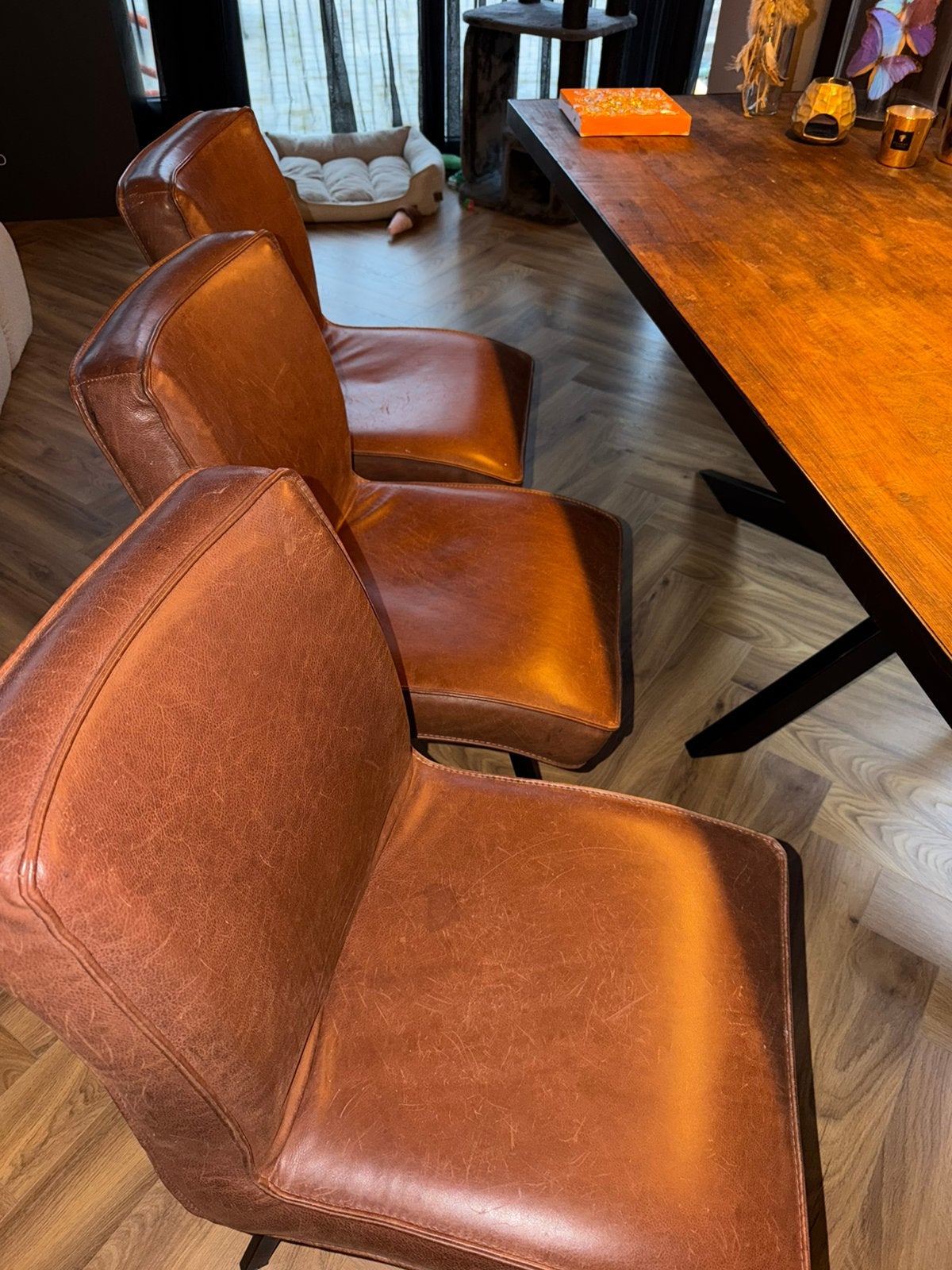 3 eetkamer stoelen hinte leder, Ophalen, Zo goed als nieuw, Modern, Drie